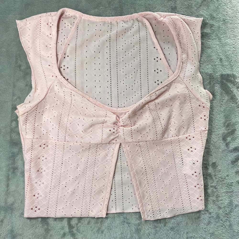SHEIN Crop Top Women Medium Pink Pointelle Twist Front Ruched V-Neck Cute Summer